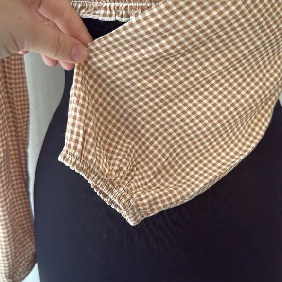 Japna Cropped Long Sleeve Crop Top Checkered Brown and White Ruched Blouse - Picture 3 of 5